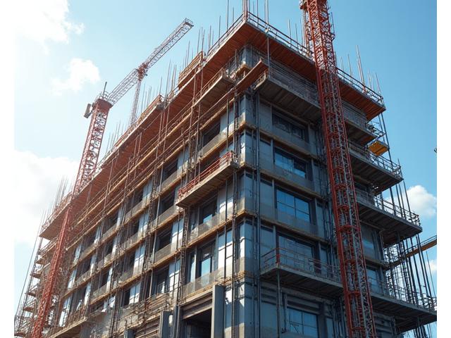 Bygning under konstruksjon med stillaser og delvis ferdigstilt fasade