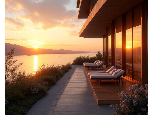 Luksuriøs eiendom med storslått utsikt over fjorden og byen i Oslo, presentert i gyldent kveldslys