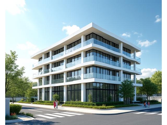 Ferdigstilt moderne bygning sett fra gateplan med pent anlagt uteområde