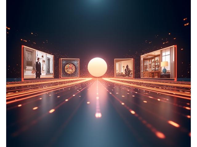 Et dynamisk bilde som representerer en integrert markedsføringskampanje, med flere skjermer som viser ulike visuelle elementer – som et motebilde, en matrett og en arkitekturdetalj – alle samlet i en kohesiv brand-presentasjon.