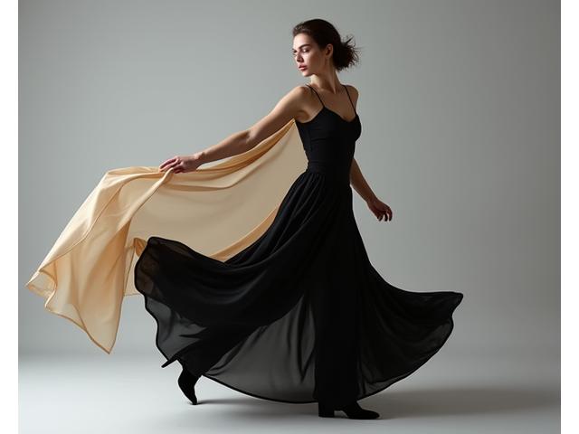 En profesjonell motefotograf fanger et dynamisk bilde av en modell i bevegelse, bakgrunnen er en ren studiovegg med sofistikert belysning som fremhever klesplagget og modellens holdning.