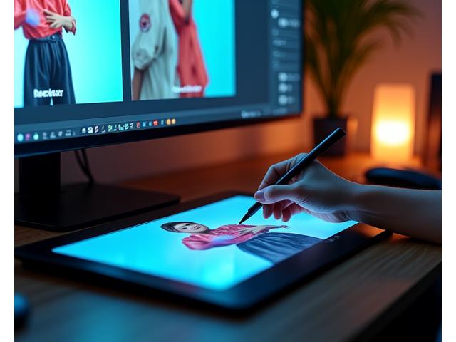 En grafisk designer som jobber fokusert med en avansert redigeringsprogramvare på en skjerm, viser en før-og-etter sammenligning av et retusjert bilde, med fargekorreksjon og detaljforbedringer tydelige.