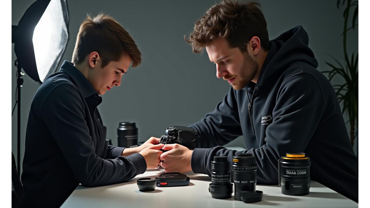 En fotograf justerer innstillinger på et avansert kamera med et mangfold av linser og filtre rundt seg, i et profesjonelt studio miljö som symboliserer komplett service og ekspertise.