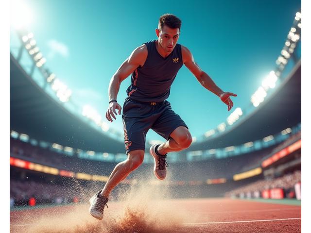 En actionskudd av en utøver i sin toppform under et løp, med sprutende vann eller skitt og et bakteppe av tilskuere og stadionlys, fanget med høyhastighetskamera.