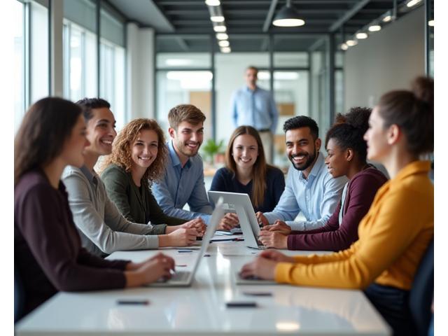 Et dynamisk bilde av et mangfoldig team som samarbeider på en moderne arbeidsplass, fremhever inkludering.