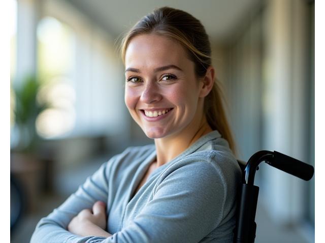 Et portrett av en person i rullestol som smiler og utstråler styrke, i et lyst og åpent miljø.