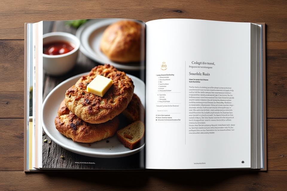 Dobbeltside fra en kokebok med en vakkert fotografert matrett på den ene siden og inspirerende tekst på den andre