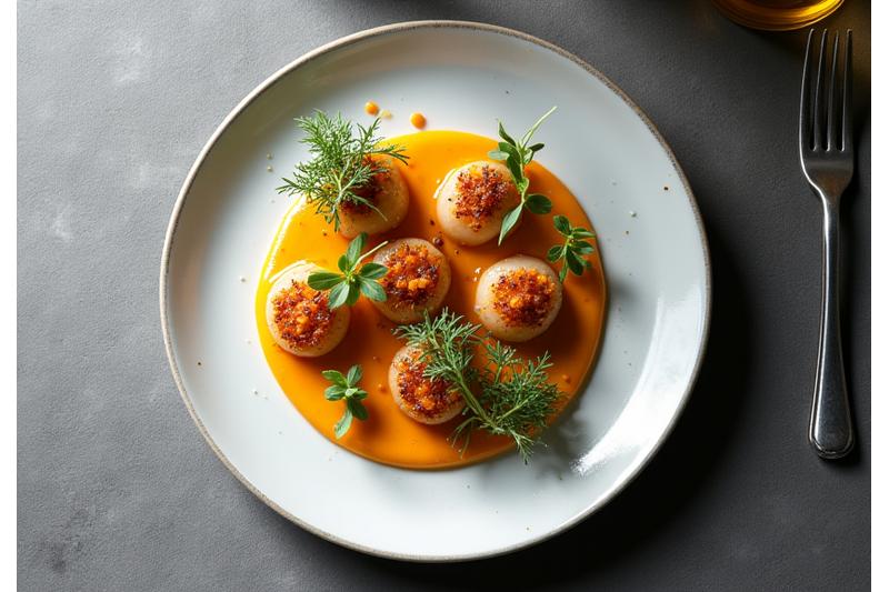 Elegant matrett avbildet på en restaurantmeny, med fokus på detaljer og presentasjon