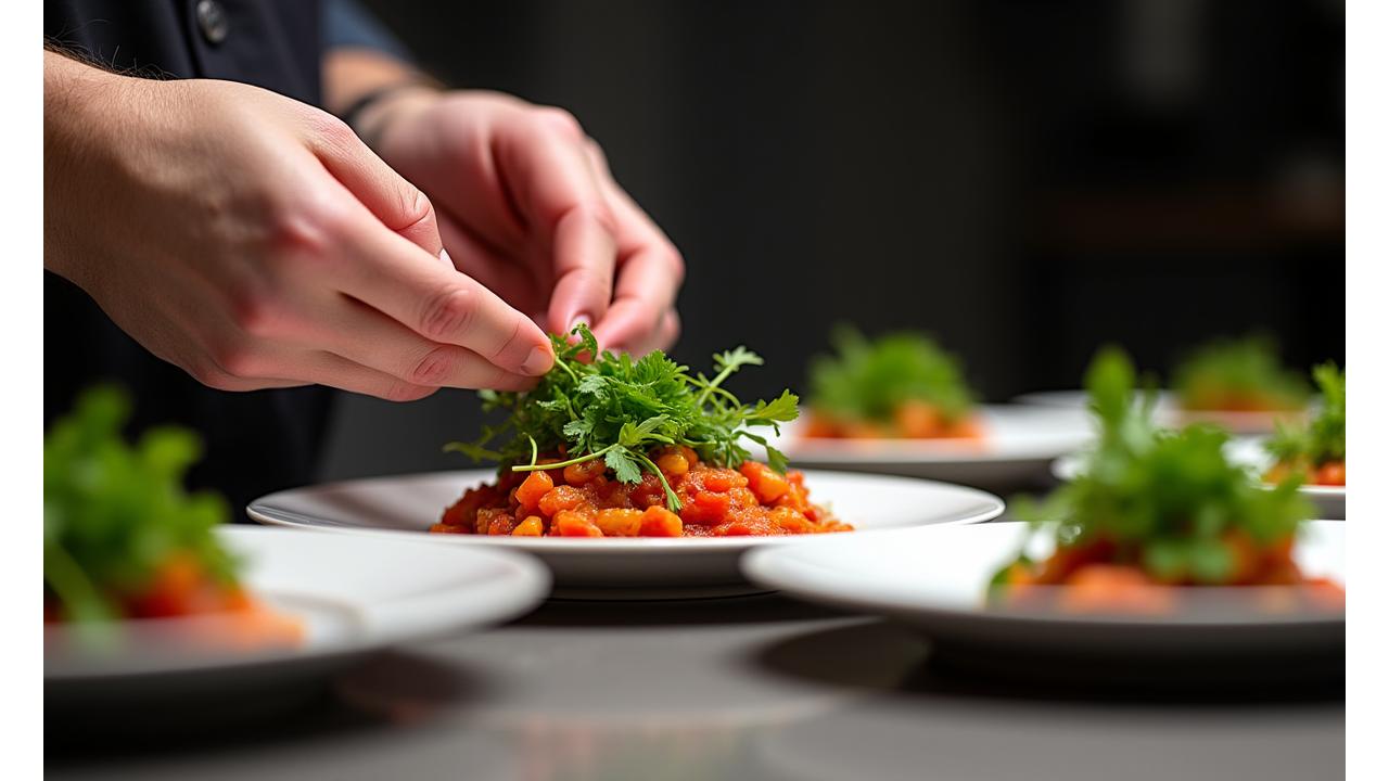 En matstylist arrangerer forsiktig ferske urter på en matrett under profesjonell studiobelysning