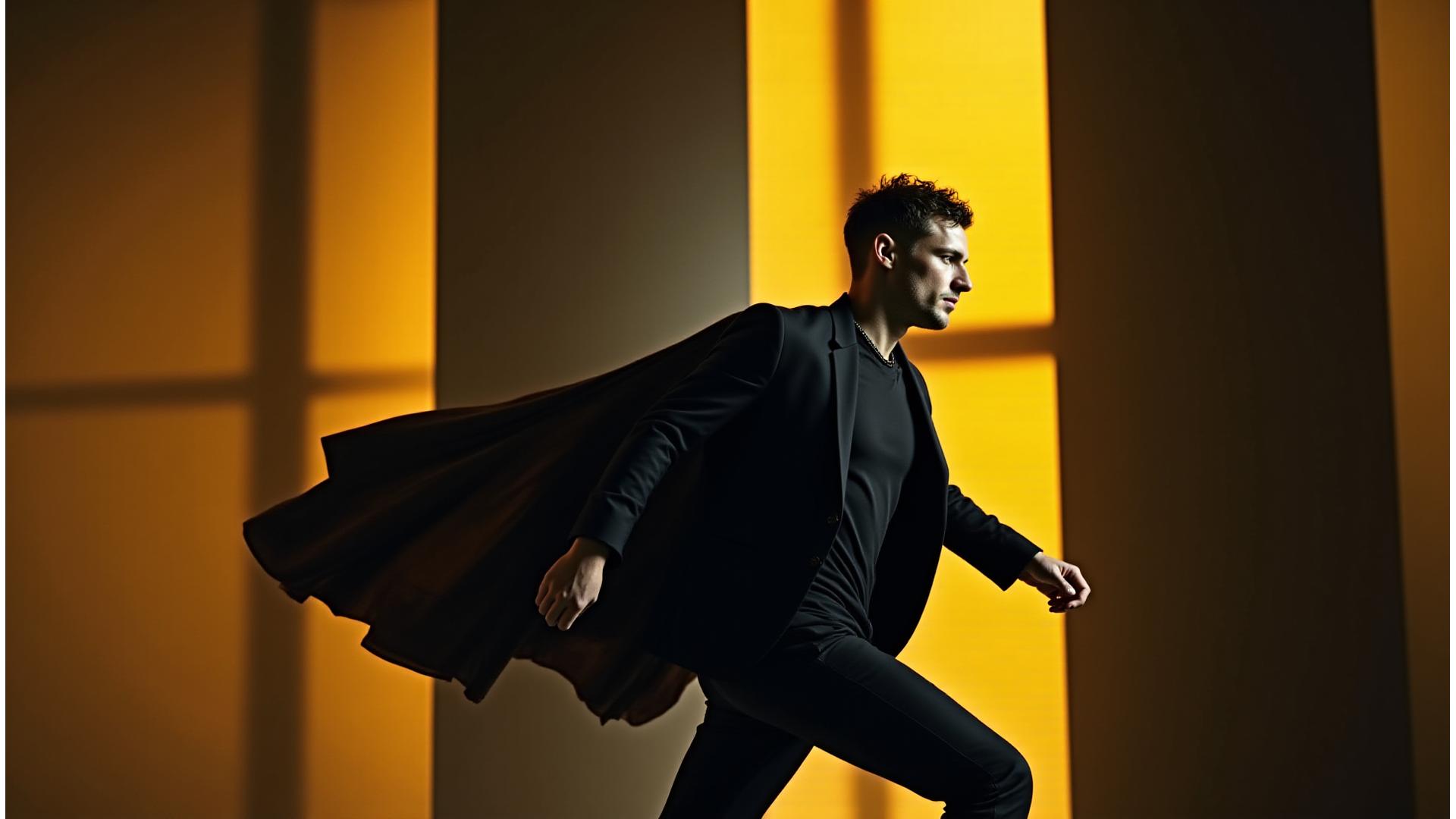 Dynamisk bilde av modell i bevegelse, med dristig bakgrunn.