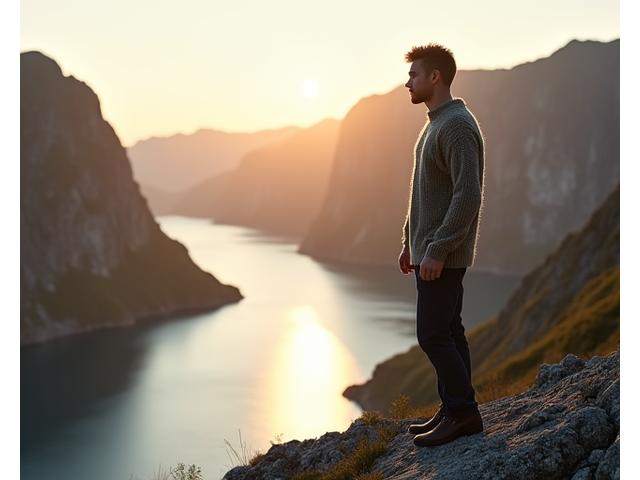Modell i norsk strikkegenser poserer ved en rolig fjord i gyldent lys, understreker naturlig estetikk.