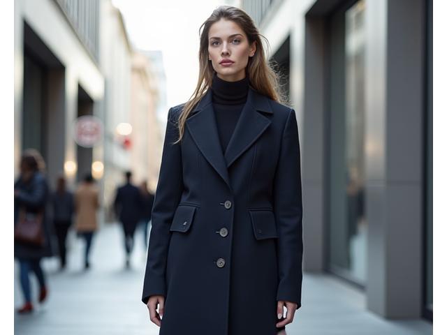 Modell poserer i norsk minimalistisk design i et urbant Oslo-gatebilde, skarpt lys.