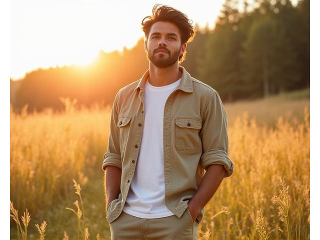 Kommersiell kampanje for bærekraftig klesmerke, med modell i naturlig utendørs miljø.