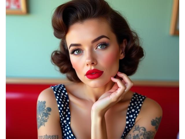 Glamorøst portrett i 1950-talls pin-up stil, med klassiske poser, rød leppestift og en tidstypisk frisyre.