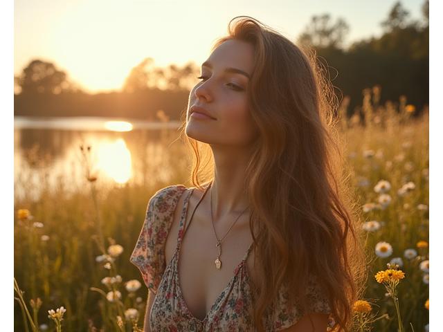 Bohem-inspirert livsstilsfotografi fra 1970-tallet, med en modell i flowy klær på et naturlig, solfylt sted.