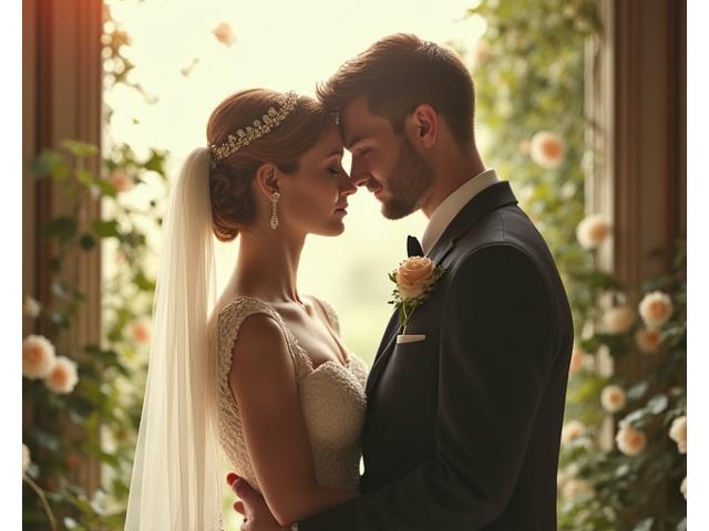 Et romantisk bryllupsbilde tatt med en varm, vintage filtereffekt, som fremhever brudeparets ansikter med en myk glød.