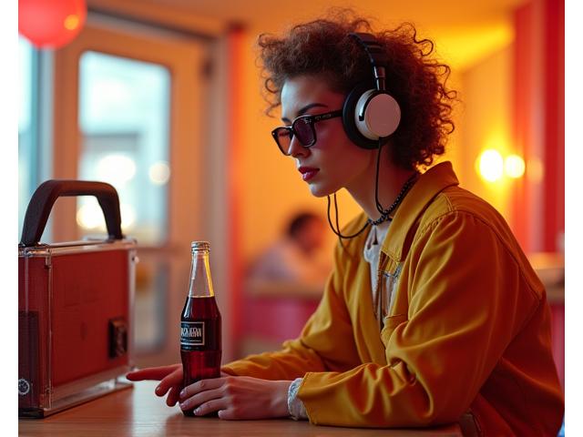 Et dynamisk retro-kommersielt fotografi for en merkevare, med en modell som presenterer et produkt i en 70-talls setting med sterke farger og et vintage objektiv look.