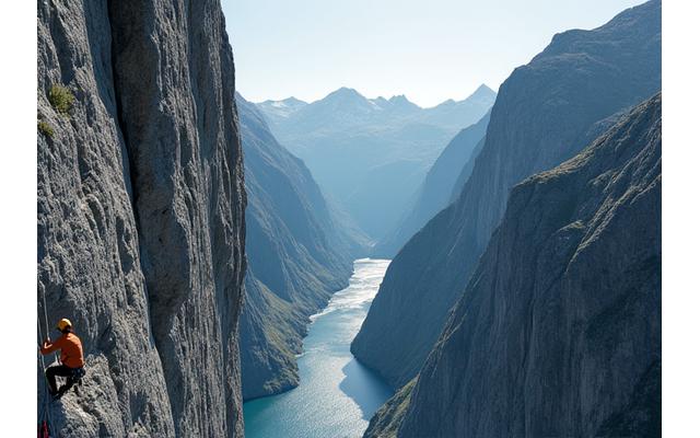 Fjellklatrer henger fra en bratt klippevegg, med et spektakulært landskap i bakgrunnen, viser ekstrem sport
