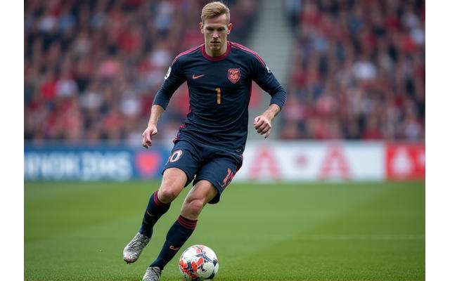 Fotballspiller i fullt løp midt på banen, med publikum i bakgrunnen, fanger intensiteten i lagidrett