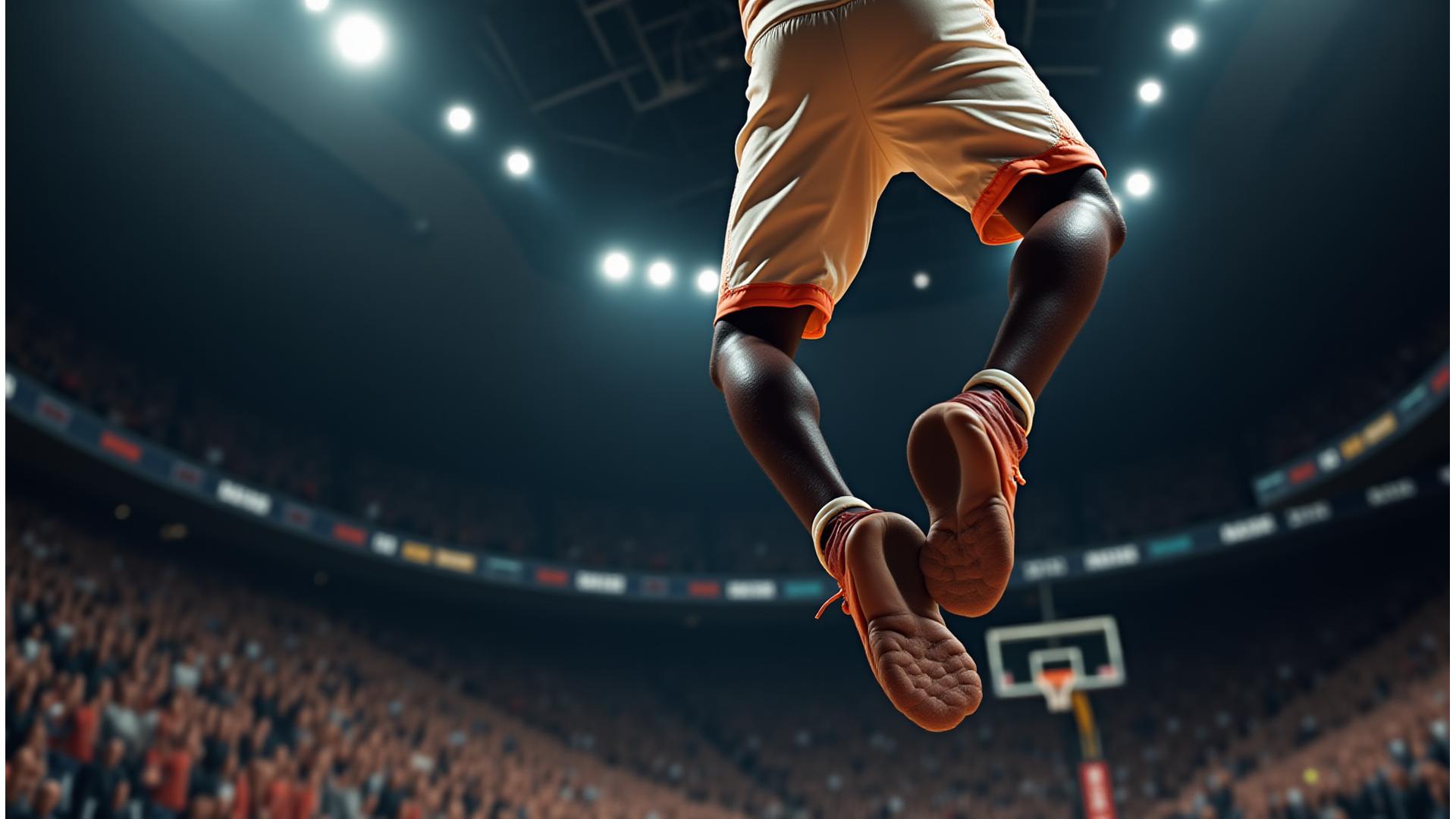 En dynamisk sportsfotografi av en basketballspiller i luften som dunker, med uskarpe tribunere i bakgrunnen, fanger spenning og energi