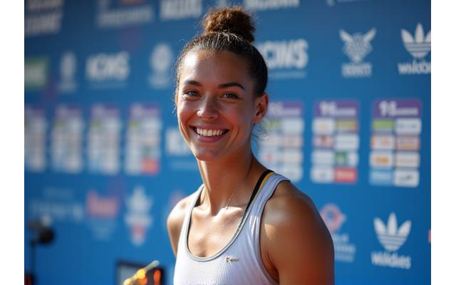 Et pressefoto av en jublende idrettsutøver på en pressekonferanses bakgrunn, brukt i media utgivelse