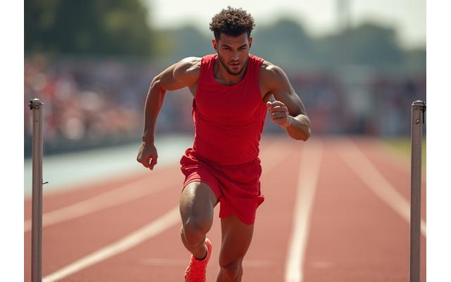 Sprintløper som krysser mållinjen, ansiktet fullt av anstrengelse og glede, med et uskarpt publikum i bakgrunnen