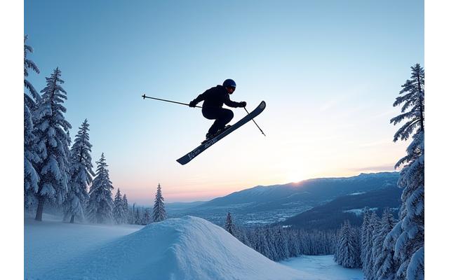 Skiløper i luften over et skihopp, med snødekte fjell i bakgrunnen, viser vintersport under utfordrende forhold