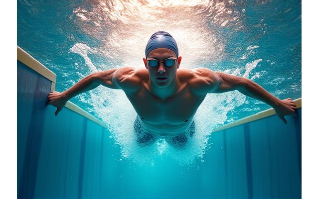 Svømmer under vann i et basseng, lyse striper av lys som strømmer ned fra overflaten, fremhever den akvatiske sporten