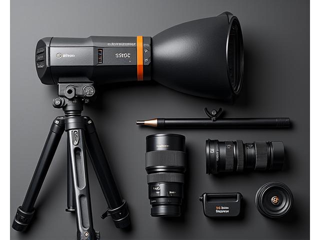 Nærbilde av profesjonelt fotoutstyr, inkludert studioblitz, objektiv og skjerm