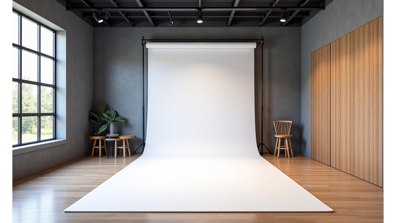 Oversiktsbilde av et moderne, romslig fotostudio med hvite vegger og profesjonelt fotoutstyr